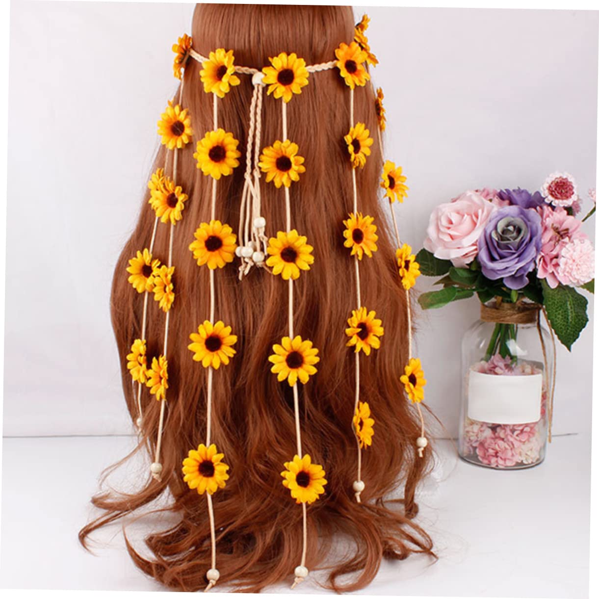 WOONEKY Bandeau De Fleurs Avec Pompoms Couronne De Fleurs Tournesol Pour Festivals Événements Et Accessoire Bohémien Élégant Pour Femmes Et Filles