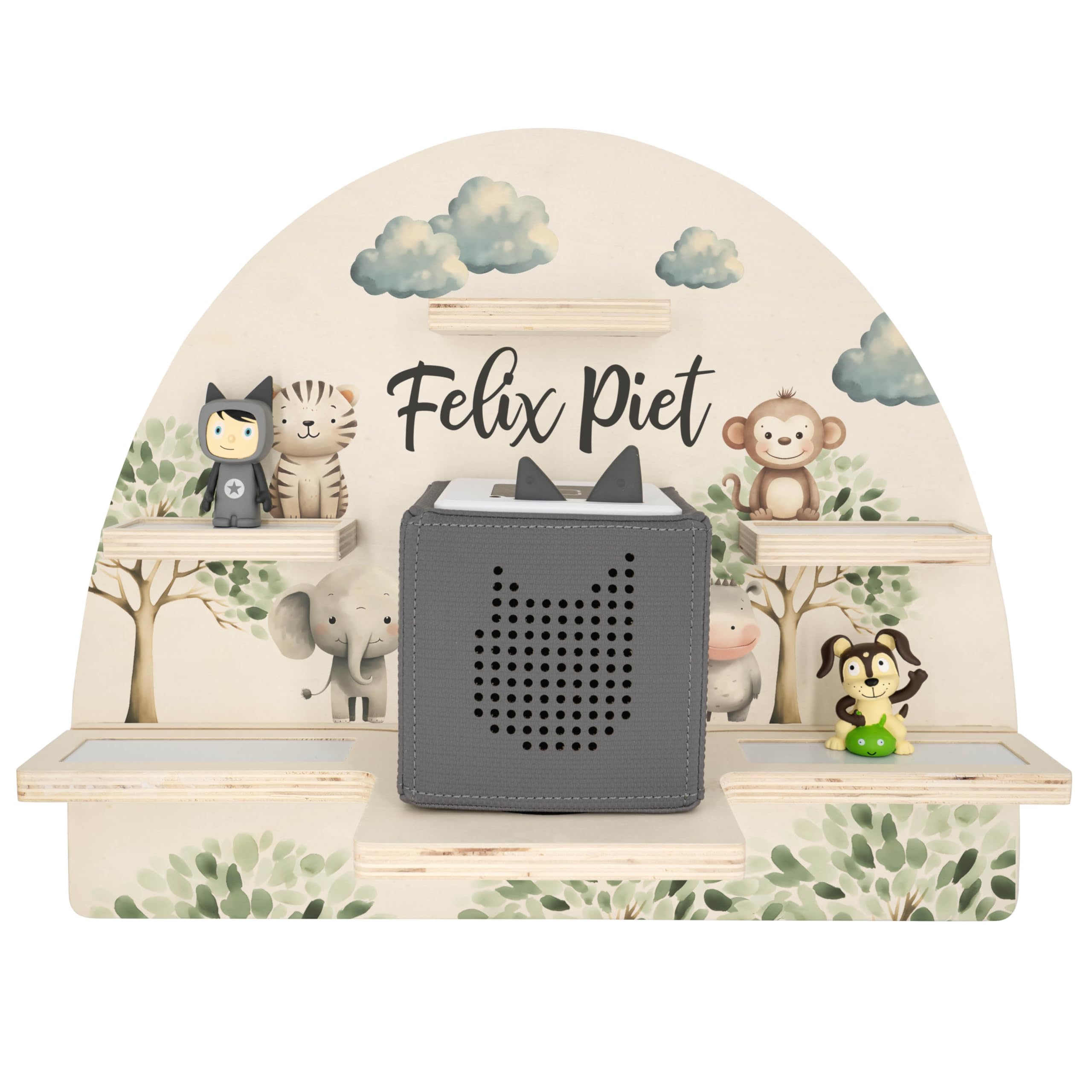 Geschenkfreude Personalisiertes Toniebox Regal für Kinderzimmer - Kinder Wandregal für Tonie Hörfiguren - Magnetisches Tonie Wandregal zur aufbewahrung von Tonieboxen und Figuren - Safari
