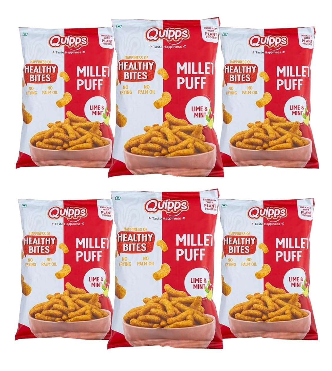Quipps Millet Puff Lime & Mint | Healthy Millet Snack | Non-Fried Roasted Puffs | High Fiber & Plant Protein | Gluten Free, Vegan, Non-GMO | No Preservatives, No Palm Oil | Light & Crunchy Healthy Snack for Office & Travel | Pack of 6 (60g Each)-image-2