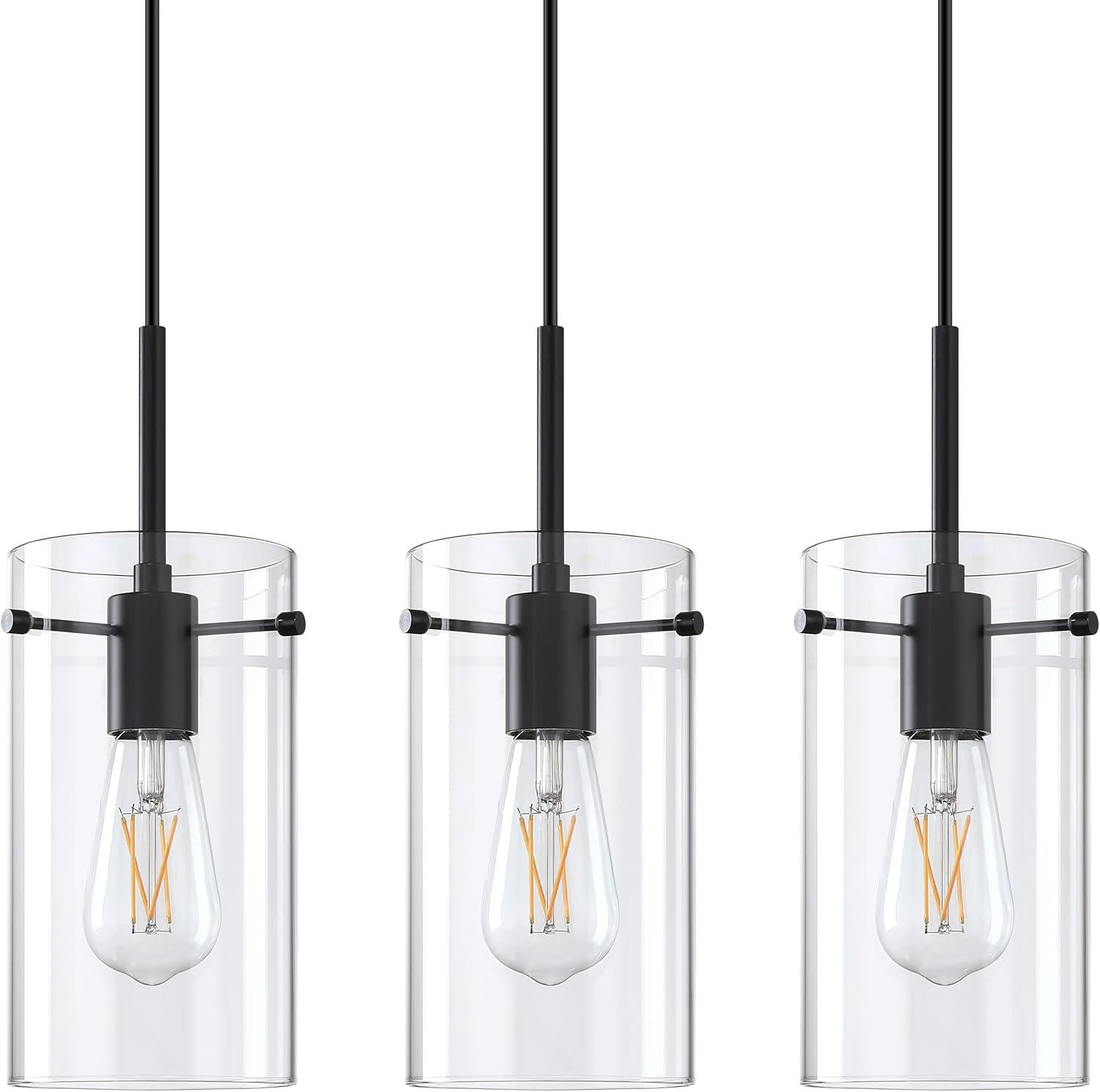 3 Pack 1 Light Indoor Mini Hanging Kitchen Island Pendant Ceiling Light 5.36" Clear Glass Chandelier Shade Fixture,Black Finish for Bar Dining Room Bedroom Over Sink