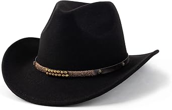 Western Cowboy Hats for Women Men Felt Wide Brim Panama Hat with Belt Buckle