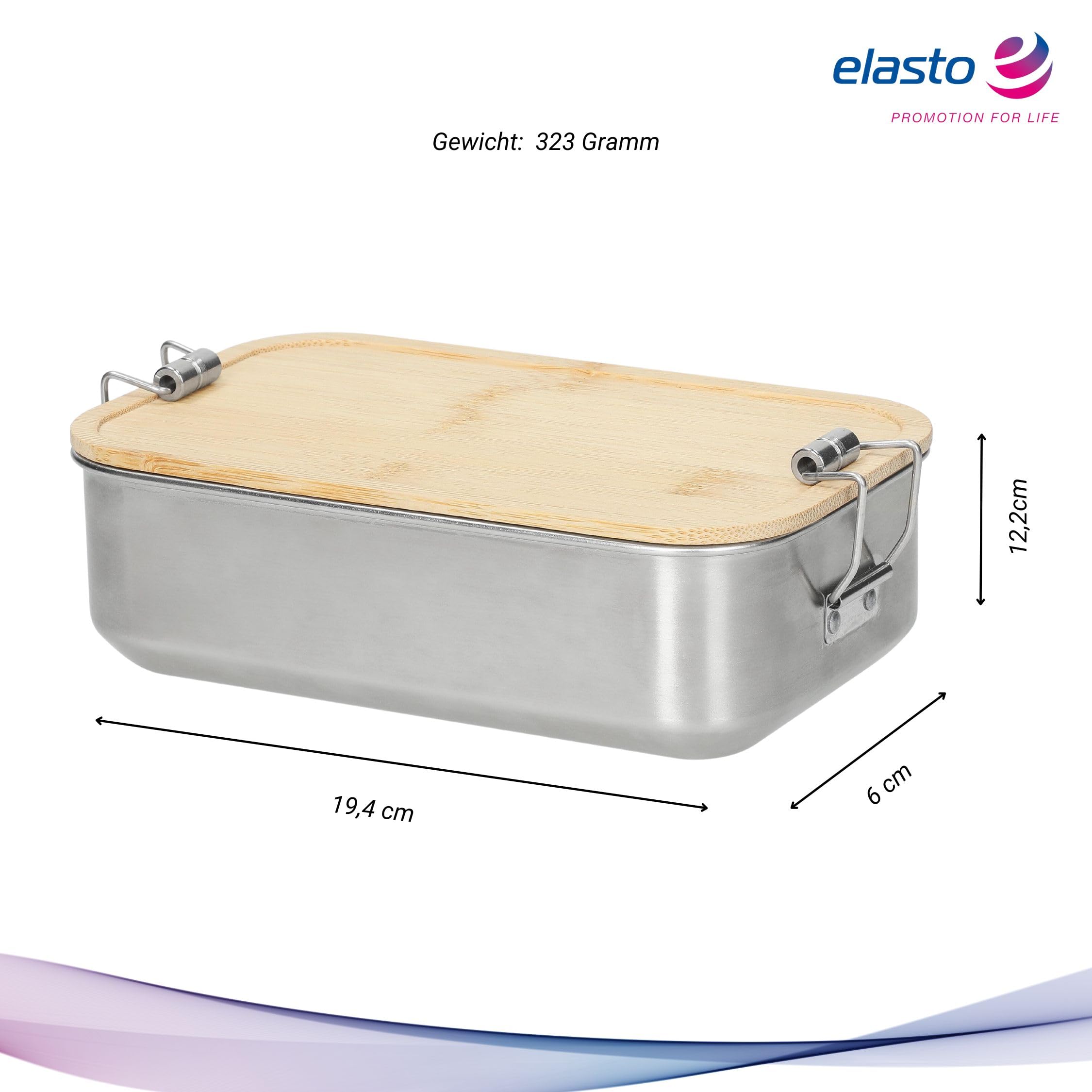 elasto PROMOTION FOR LIFE Sagano - Envase para Alimentos, Contenedor de Alimentos, Tarro de Acero Inoxidable con Tapa de Bambú y Pinza de Sujeción (1,0 L), Color Plateado y Natural