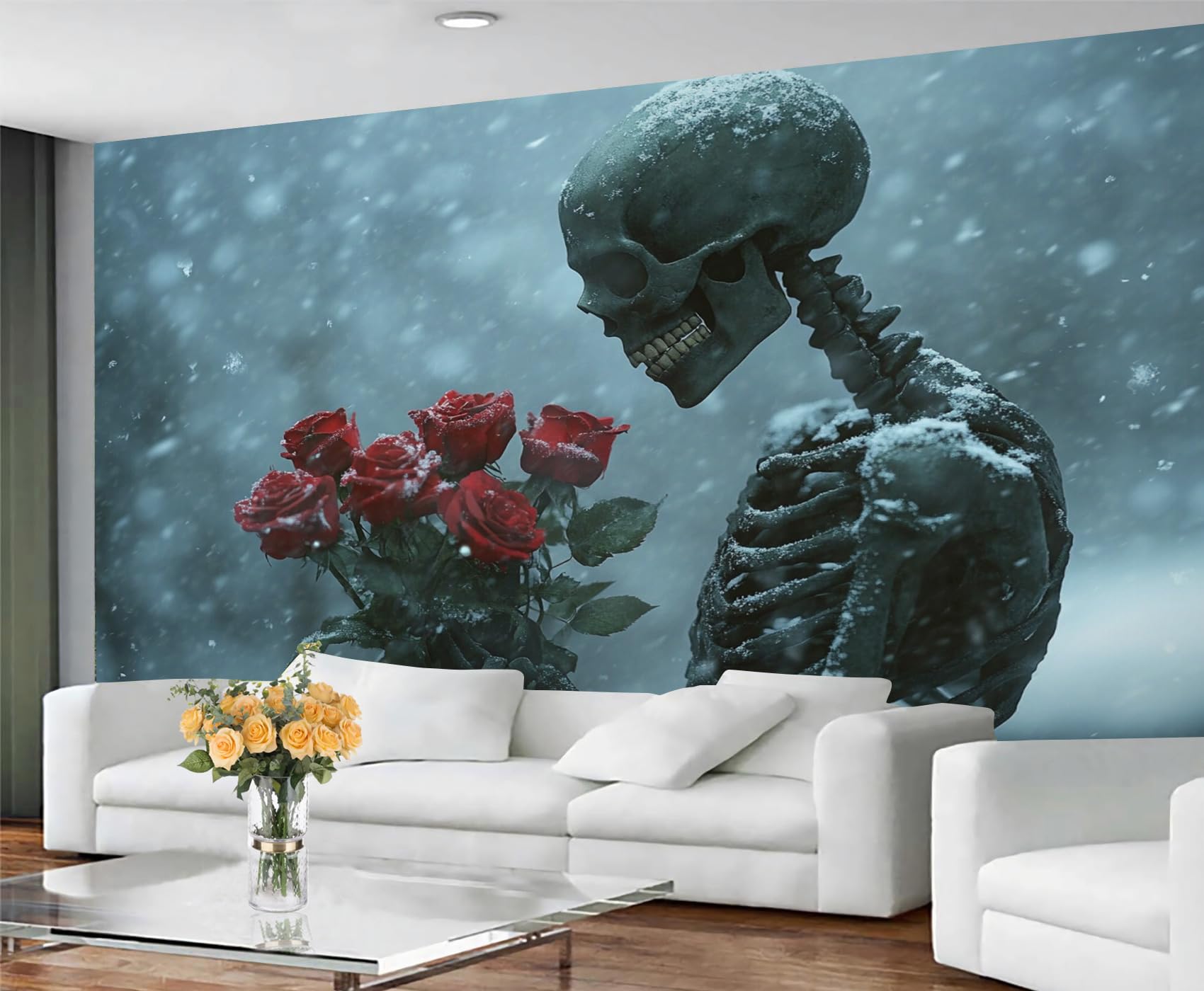 GIVLWF Wallpaper - Gothic Style Home Decor & Mural, Romantic Skull Bedroom Wallpaper, Winter Rose Wall Paper for Living Room, Large Wall Mural (Not Self-Adhesive)