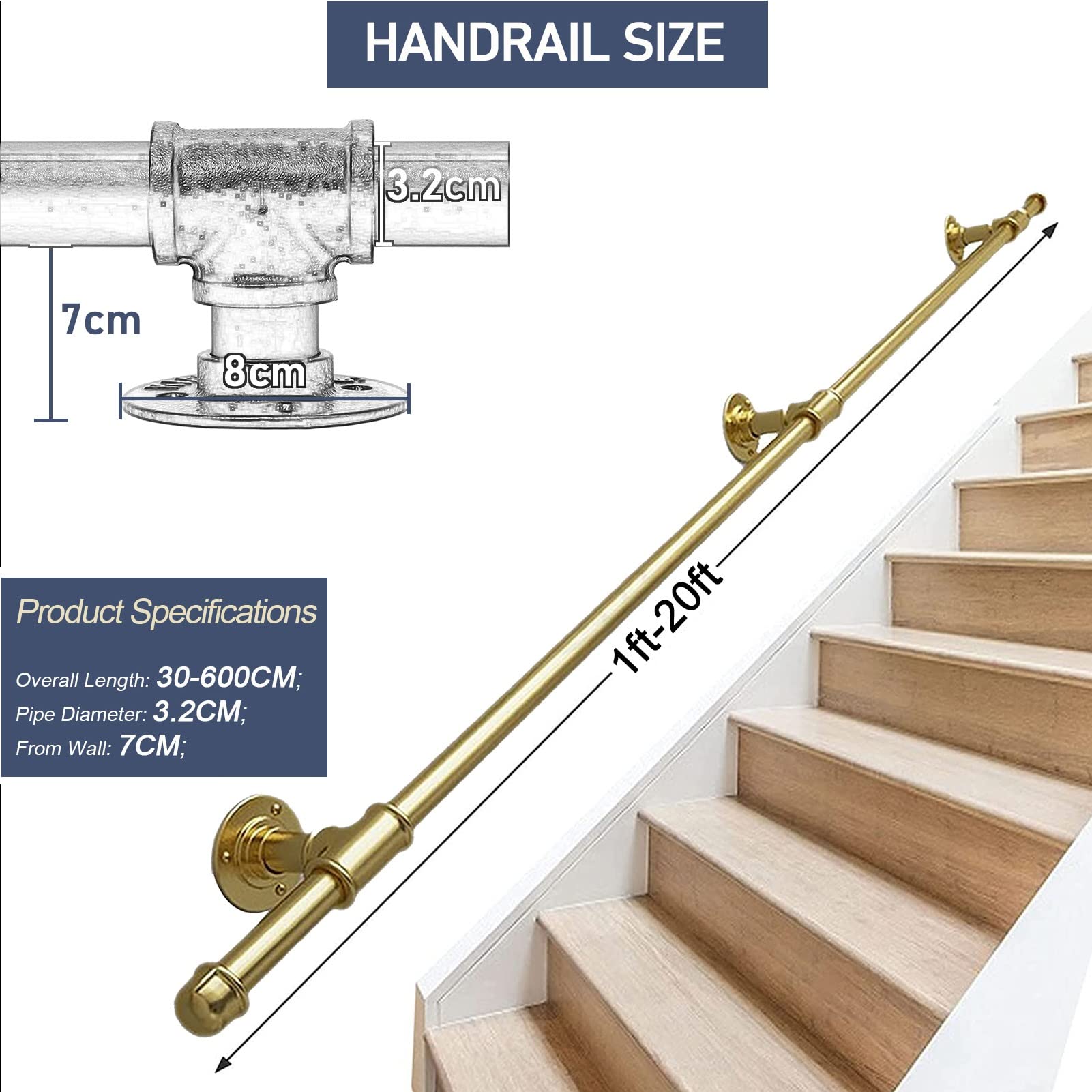 Poręcze balustrady schodowe, poręcz, schody, wewnątrz, na zewnątrz, poręcz schodowa, poręcz ręczna dla osób starszych, złota metalowa poręcz zewnętrzna z kutego żelaza (rozmiar: 270 cm)