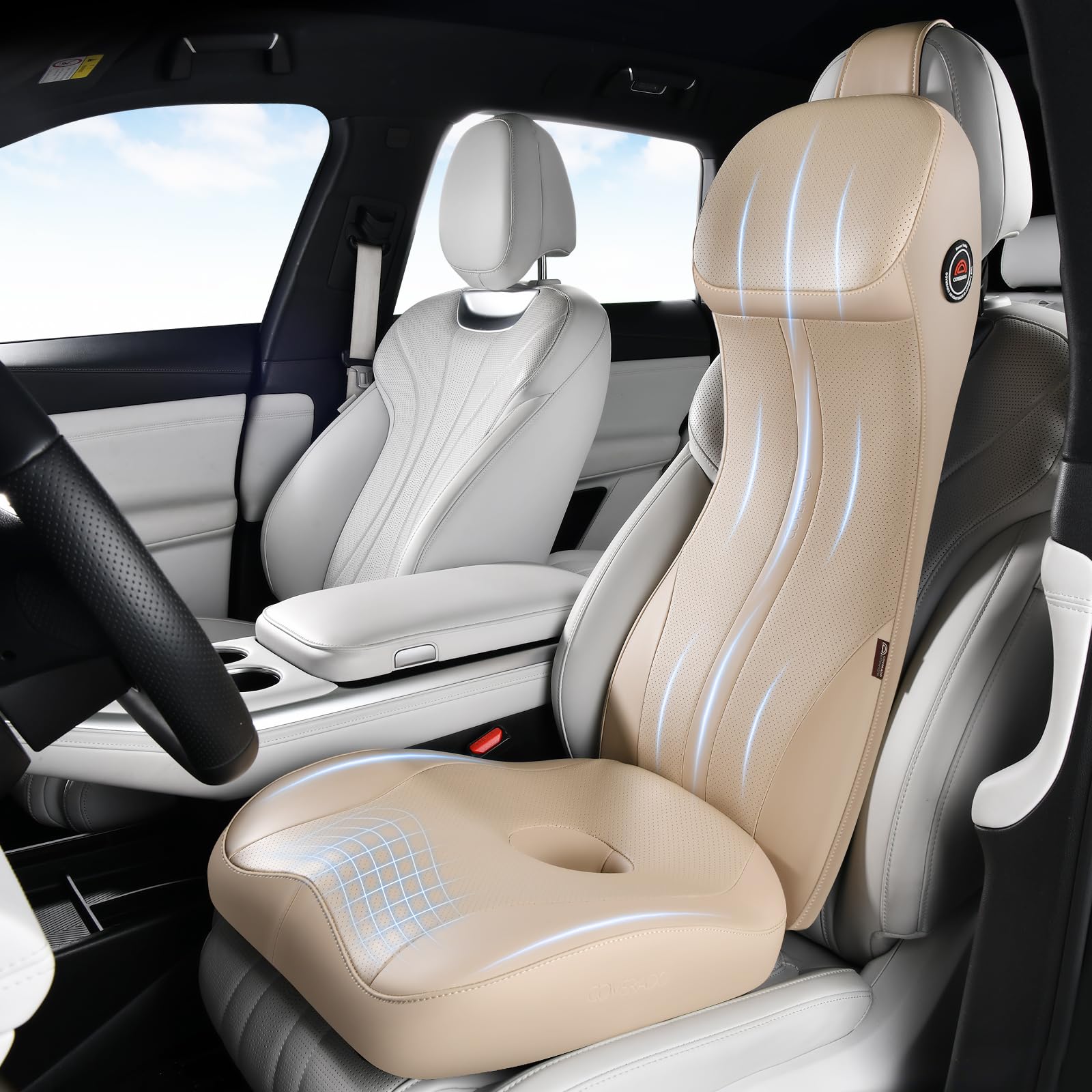 Coverado Car Seat Cushion and Integrated Neck Pillow Lumbar Support Kit, Ergonomic Lumbar Support Pillow for Car, Soft Leather Memory Foam Car Seat Cushion for Sciatica &amp; Back Pain Relief, Beige