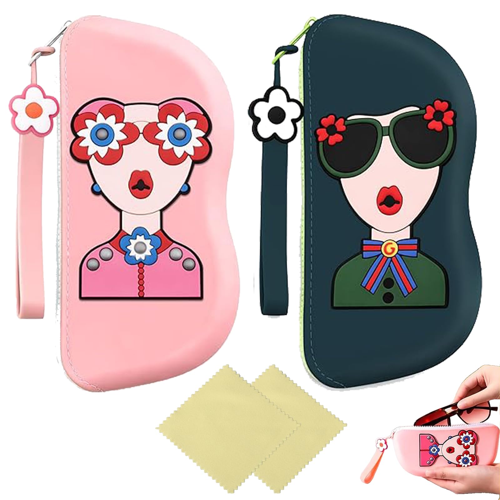 2PCS Sun Glasses Cases, Fashion Cartoon Silicone Eyeglasses Organizer Case Zipper Silicone Storage Pouch with Lanyard, Cute Protective Cover for Travel, Beach, Daily Use-image-33