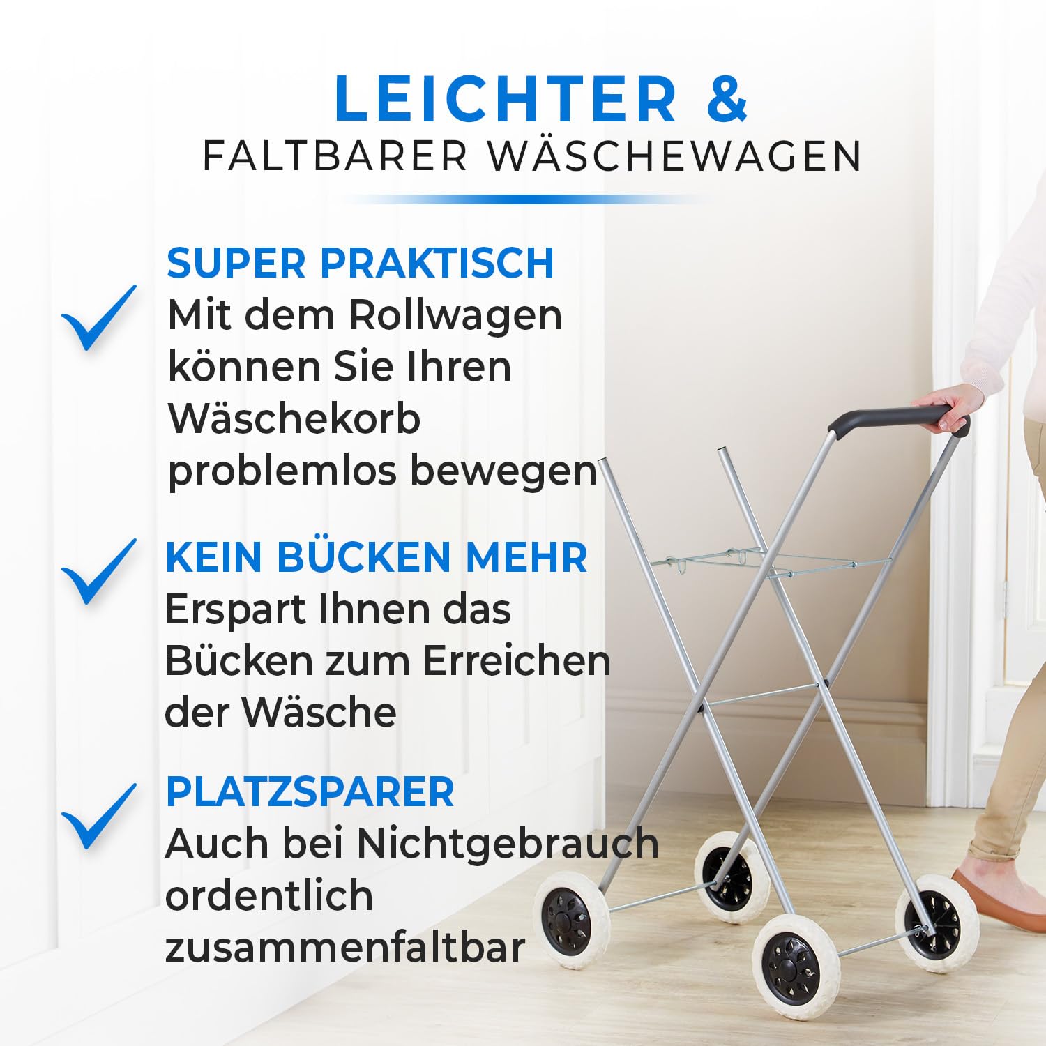 Cesta para la colada con ruedas – Fácil de transportar y colgar la ropa – Ahorra espacio y protege la espalda – Cesta para la colada con dimensiones de 66 x 44 cm aprox