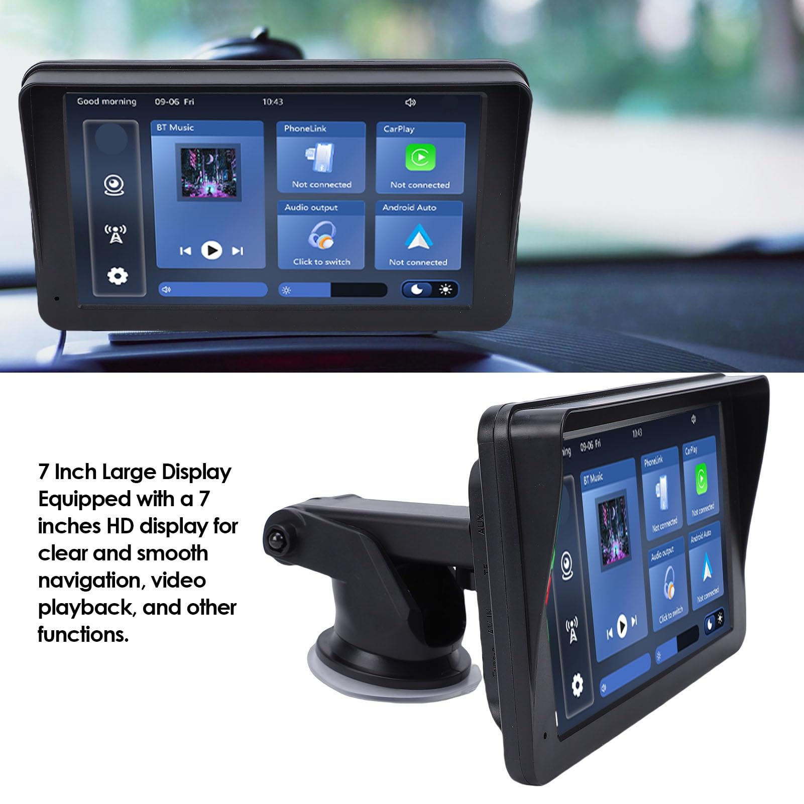 Pissente 7-calowy Bezprzewodowy Samochodowy Zestaw Stereo, Ekran Dotykowy HD IPS z funkcją Bezprzewodowego Automatycznego Tworzenia Kopii Ekranu, do Smartfonów i Rozrywki Samochodowej