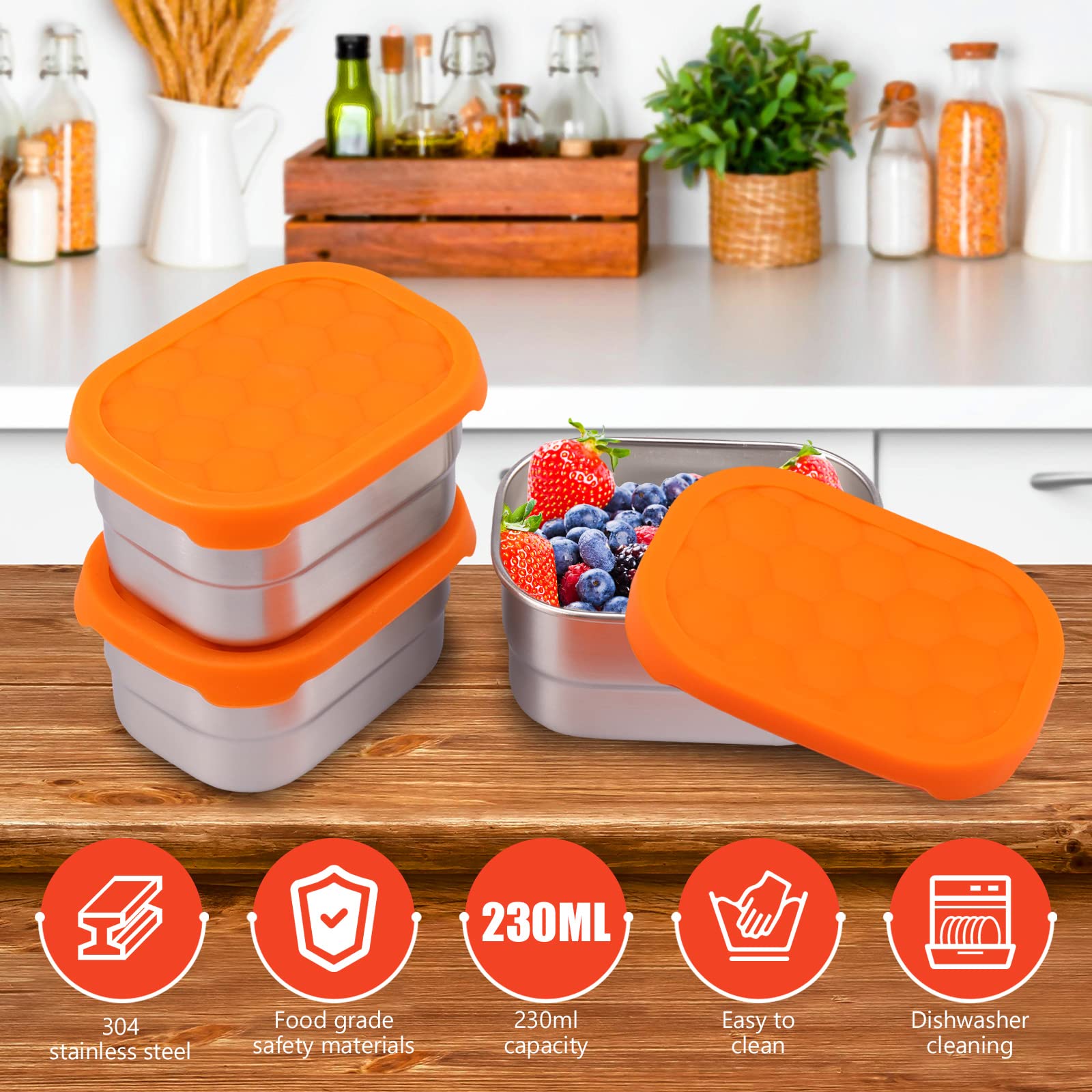 Hevtsde 3PCS Stainless Steel Snack Containers Silicone Lids, 8oz Snack Box Container, Leakproof Small Snack Box, Metal Snack Containers Kids, Dishwasher Freezer Safe for Daycare School Wook