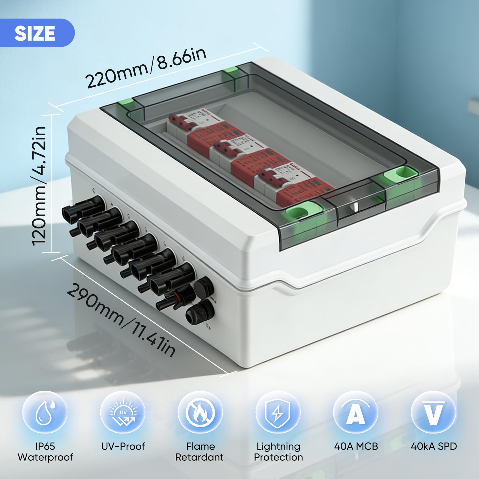 Überspannungsschutz PV, DC 40A/1000V 3 in 3 out Trennschalter Blitzschutz Leitungsschutzschalter 3 String 1000V DC 40A 20-40KA IP65 Wasserdicht Solar Anschlusskasten für Photovoltaik PV Anlage
