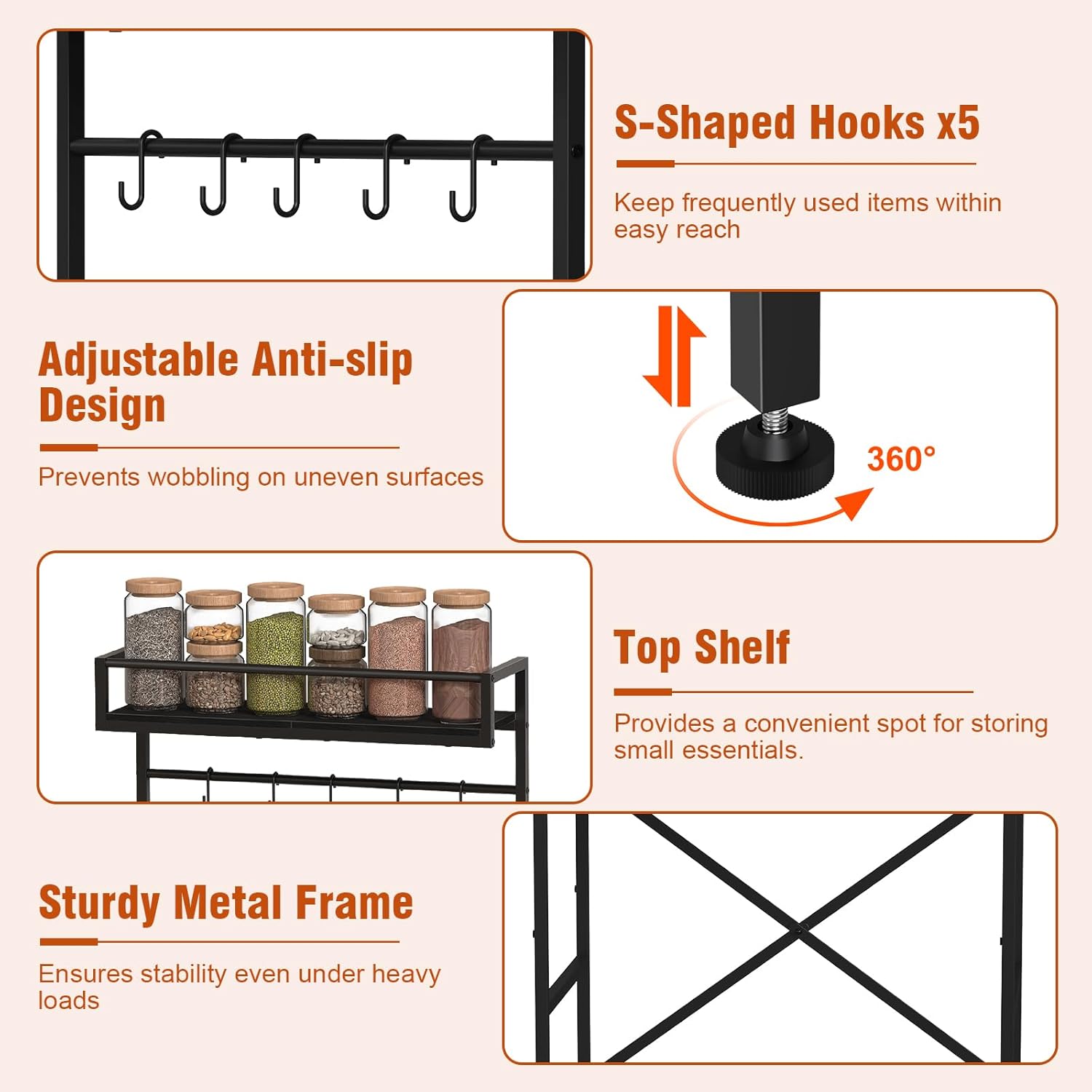 Mini Fridge Shelf with Storage, 2-Tier Microwave Stand, Coffee Bar Station, Bakers Rack with Storage with 5 Hooks for Kitchen Living Room, Offices, Dorm, Black