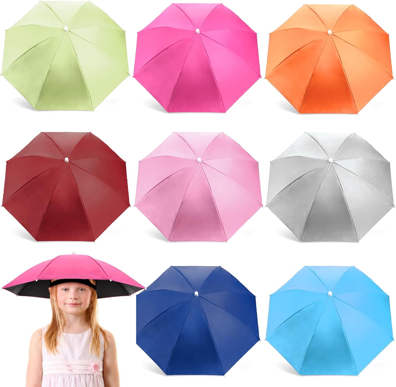 8 pack umbrella hat, 27 inch hands free head umbrella cap with elastic band, folding waterproof fishing umbrella cap sunhat for beach hiking, camping, gardening, multicolor