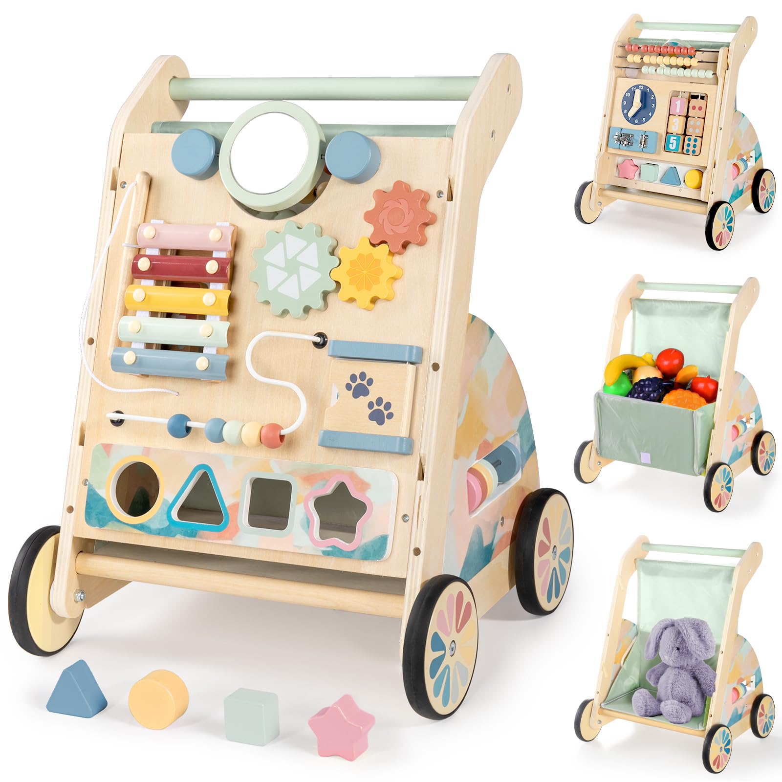 LOL-FUN Wooden Baby Walker for 1 Year Olds Boys Girls, Toddler Push Along Walkers with Double-Sided Busy Board, Walking Toys for Babies Gift Age 12 Months