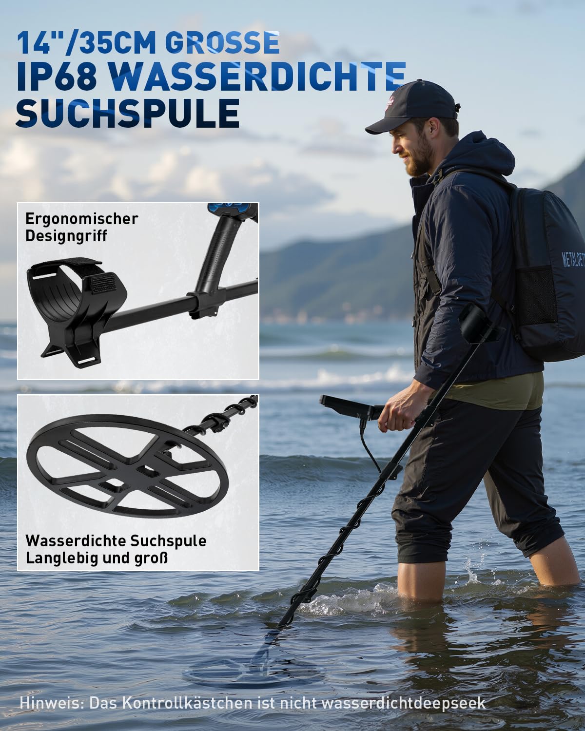 Hazlewolke Metalldetektor Professional, 14'' wasserdichte & Breiterer Scanbereich DD-Suchspule, Metal Detector mit Pinpoint-Modus, 33 cm Suchtiefe, 4 Modi, Gold Detektor für Erwachsene