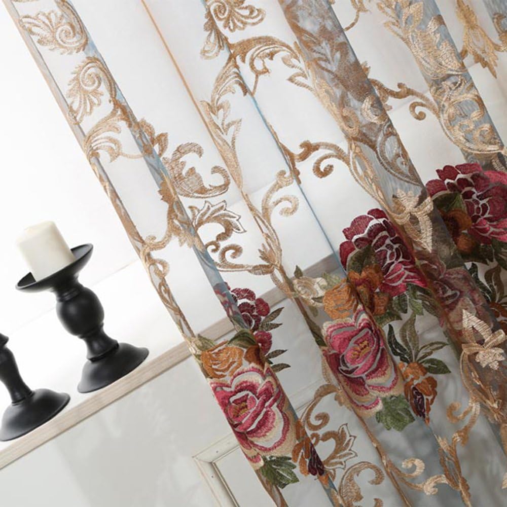 pureaqu Delicate Floral Embroidery Semi Sheer Curtains Rod Pocket W52xH84 Window Treatment Sheer Curtain Drapes Panels for Living Room 1Panel