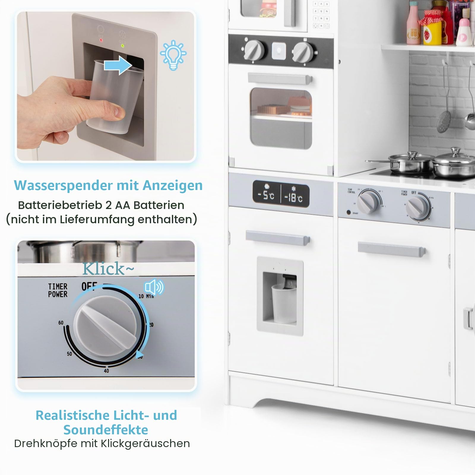 HOMASIS Spielküche mit Zubehör, Kinderküche Holz, Spielzeugküche mit Spüle Wasserhahn Herd Ofen Waschmaschine Kühlschrank, Holzküche mit Licht & Sound, Kinderspielküche für Kinder ab 3 Jahre, Weiß