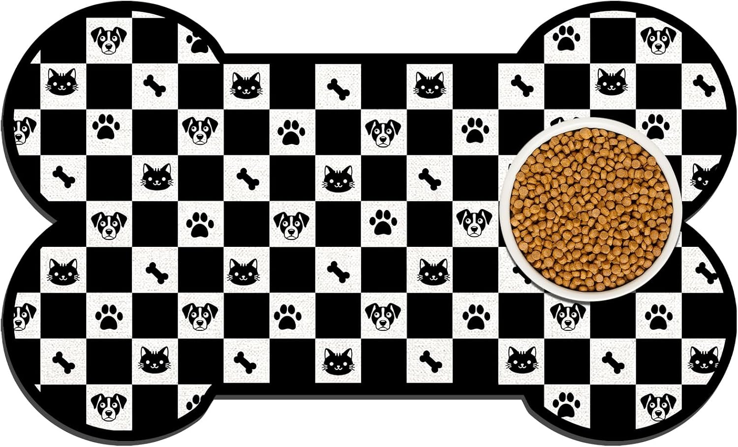Pet Dog Cat Food Mat, Absorbent Bone Shaped Dog Bowl Mats for Food and Water, Non Slip Cute Footprint Dogs Cat Placemats Feeding Mat for Floors Puppy Pet Accessories Supplies 17"x30" Black White