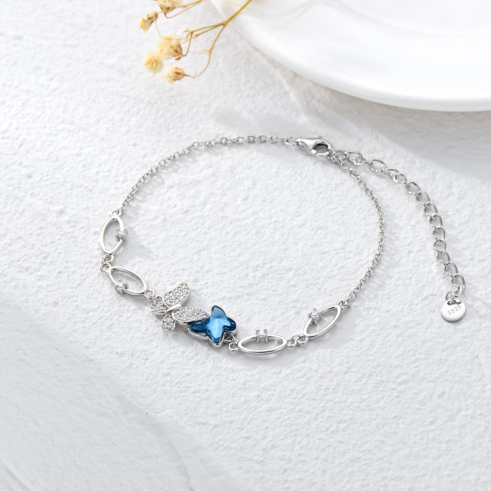 Mariposa/libélula pulsera, joyas mariposa libélula azul/púrpura cristal damas de honor pulsera plata 925 mujer regalo de graduación para niñas mujeres, Adjustable (17.78 cm + 2 extension