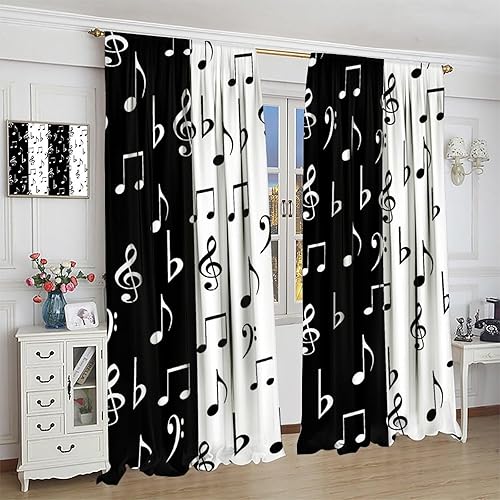 Miniatura 4 de Cortinas de música retro, notas musicales abstractas en blanco y negro, con bolsillo para barra, cortinas opacas para ventana para sala de estar,
