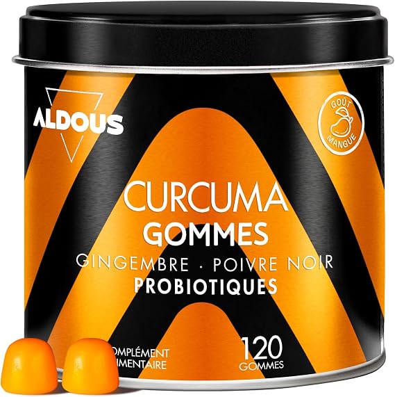 Aldous Bio Gommes Probiotiques au Curcuma, Gingembre et Poivre Noir - Arôme Mangue