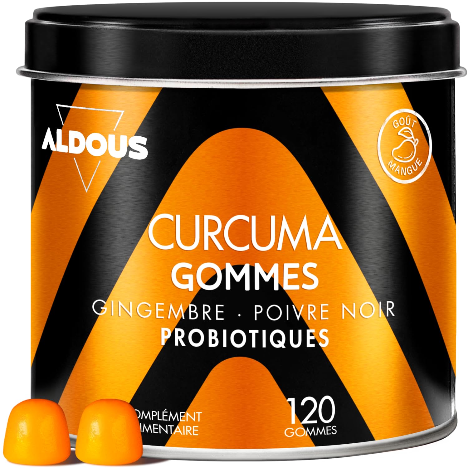 Curcuma avec Gingembre et Poivre Noir + PROBIOTIQUES - 2500mg - 120 gommes - Goût Naturel de Mangue Épicée - Antioxydant, Anti-Inflammatoire - Curcumine, Curcuma Gingembre Poivre Noir