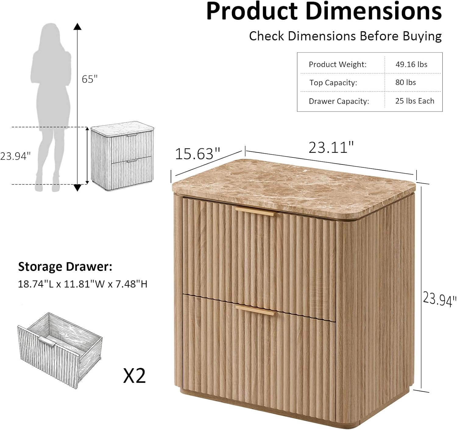 Bedside Table Set of 2, Fluted Nightstand with 2 Drawers, Faux Marble-Top, Curved Profile Design, Metal Handle, Wood Night Stand, Modern Side Table for Bedroom, Sofa Side, FSC®-Certified, Oak