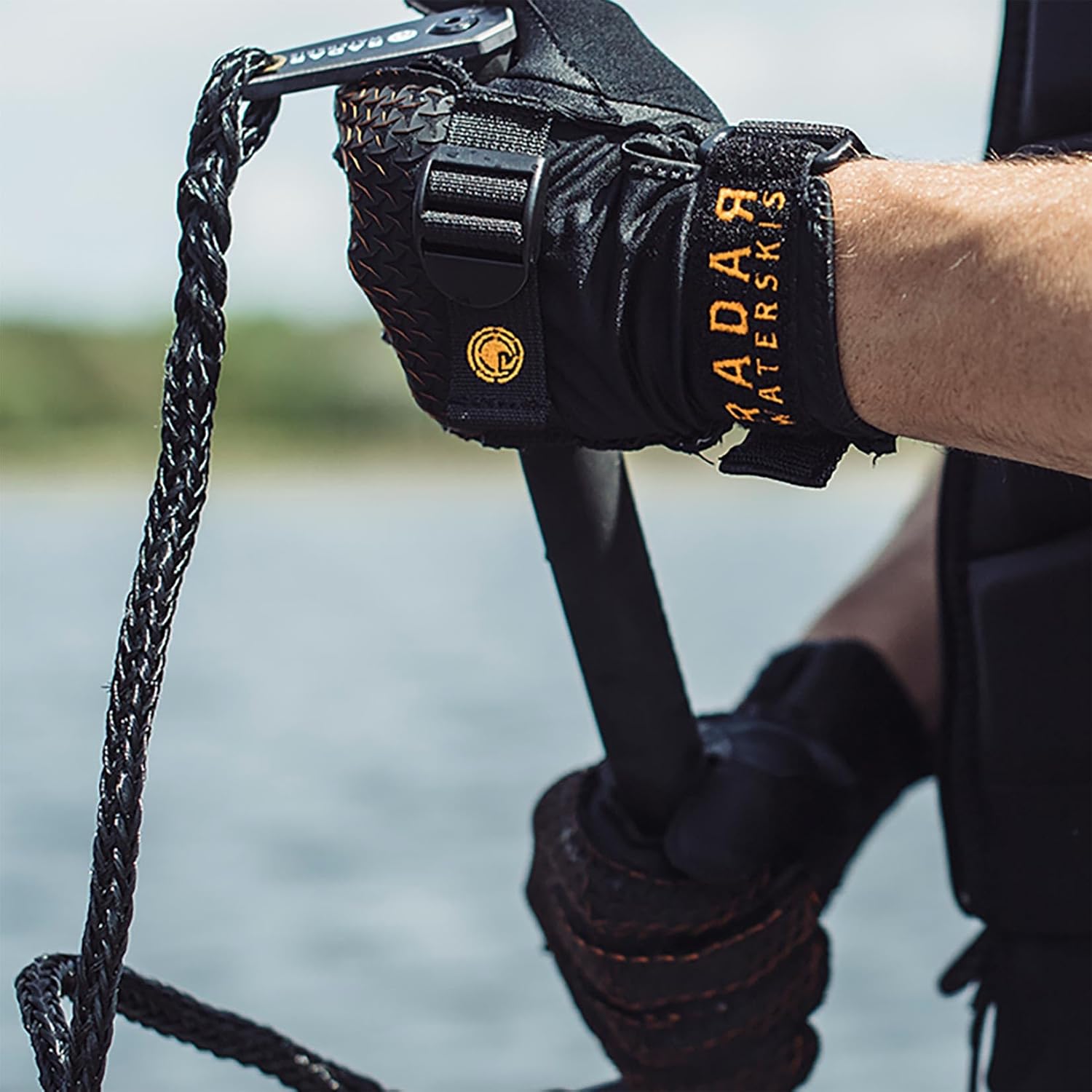 Radar Men's Hydro-A Water Sports Gloves - Amara Sticky Grip Palm, PowerPull Closure, Laser Cut Backhand, Pre-Curved Fingers, Seamless Fit, Matte Black & Orange