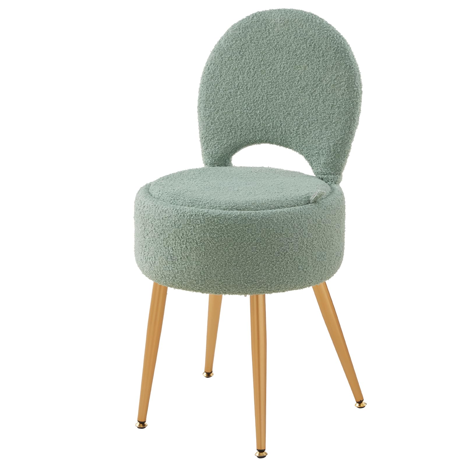 Small Vanity Stool Chair with Storage and Folding Back,4 Metal Legs with Anti-Slip Feet,Round Ottoman with Velvet Seat, Furry Padded Seat for Makeup, Bedroom (Green, Small)-image-27
