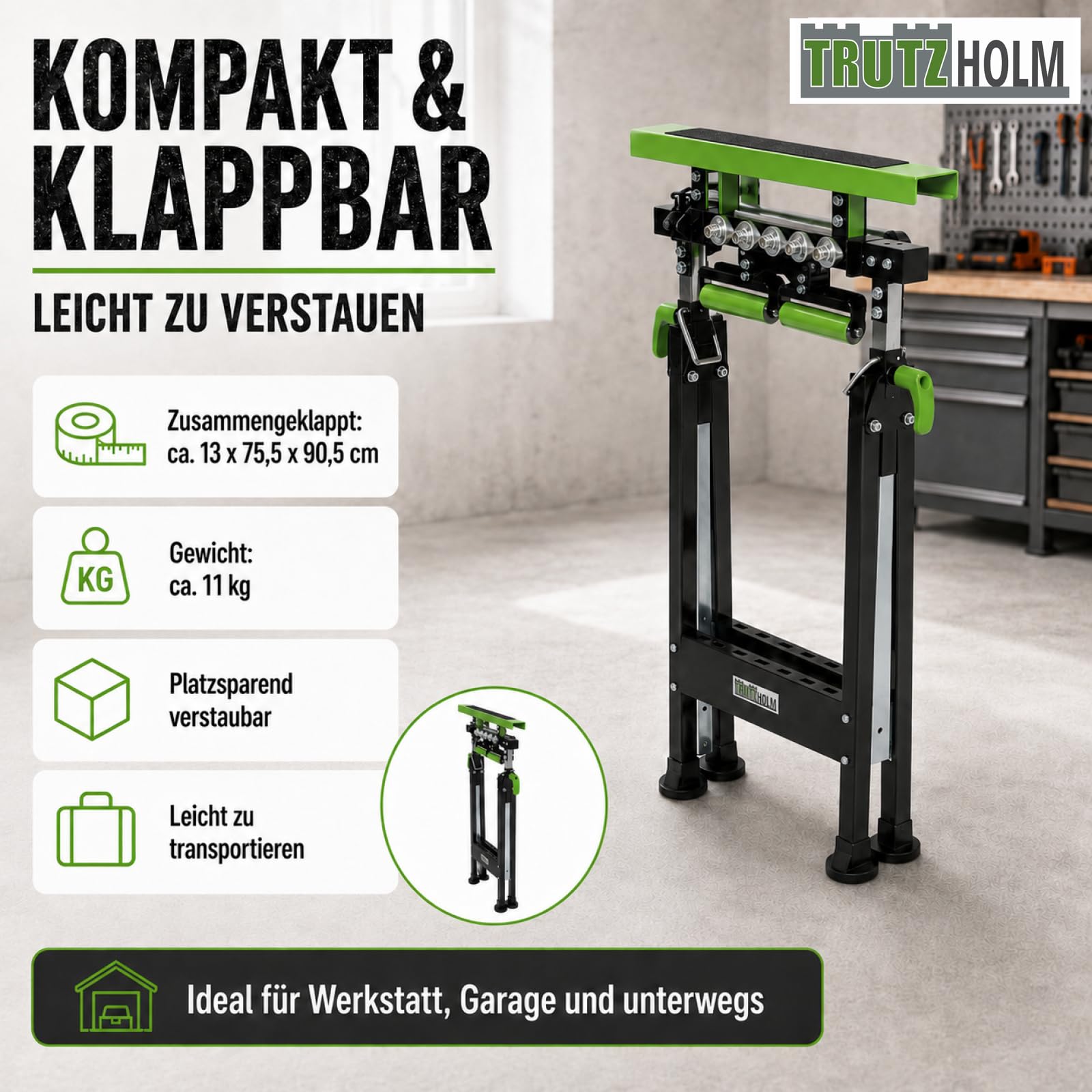 TRUTZHOLM 2x Multifunktions-Arbeitsbock Rollenbock höhenverstellbar Klappbock V-Rollen klappbar 200 kg Werktisch 4in1 platzsparend