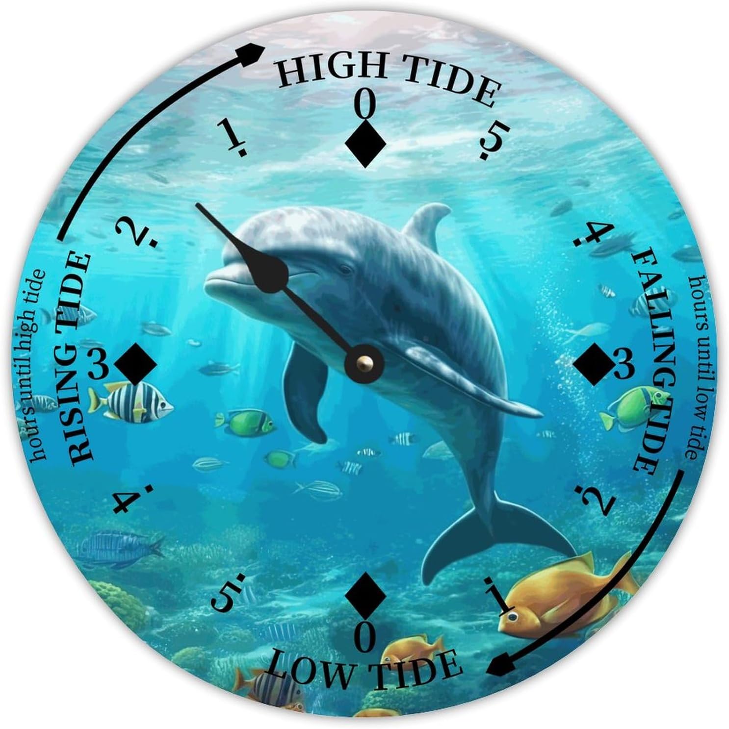 Cheyan Vintage Beach Time Tide Clock - Dolphin Tidal Clock Moon Clock Silent Non-Ticking Battery Operated Wooden Wall Clock for Cottage Beach Boat Living Room Bedroom Home Decor 12x12 in, Style