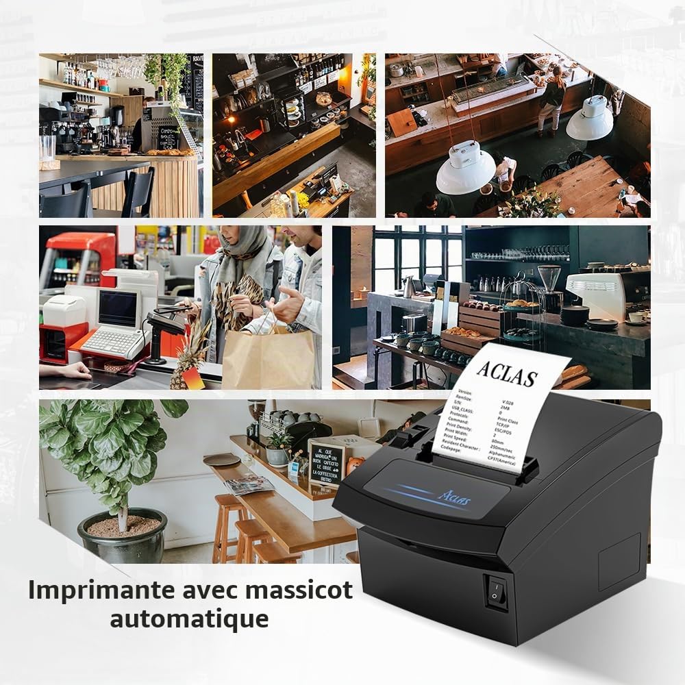 ACLAS Imprimante Thermique de Reçu de réception Thermique POS avec Port USB Ethernet 250 mm/s ESC/POS pour Windows PC Restaurant