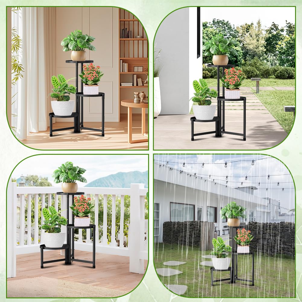 Scaffale per fiori in metallo, a 3 livelli, nero, supporto per piante, per interni ed esterni, scaffale decorativo per terrazza, giardino, balcone, soggiorno, camera da letto