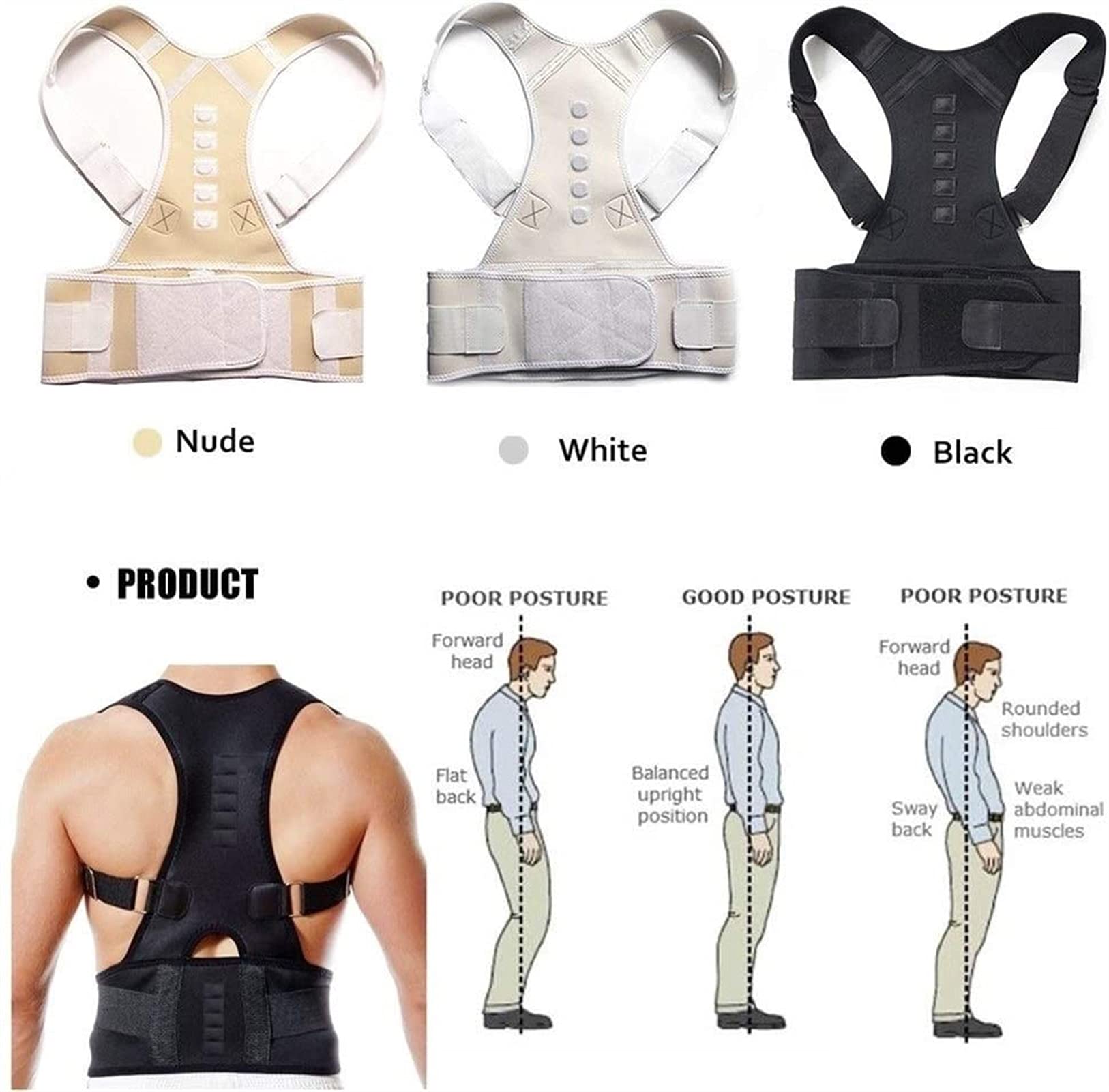 Corrector de Espalda magnético para Hombres y Mujeres Adolescentes, Correas de Soporte Ajustables, cinturón de protección térmica, Faja Lumbar con Terapia magnética, Negro-X
