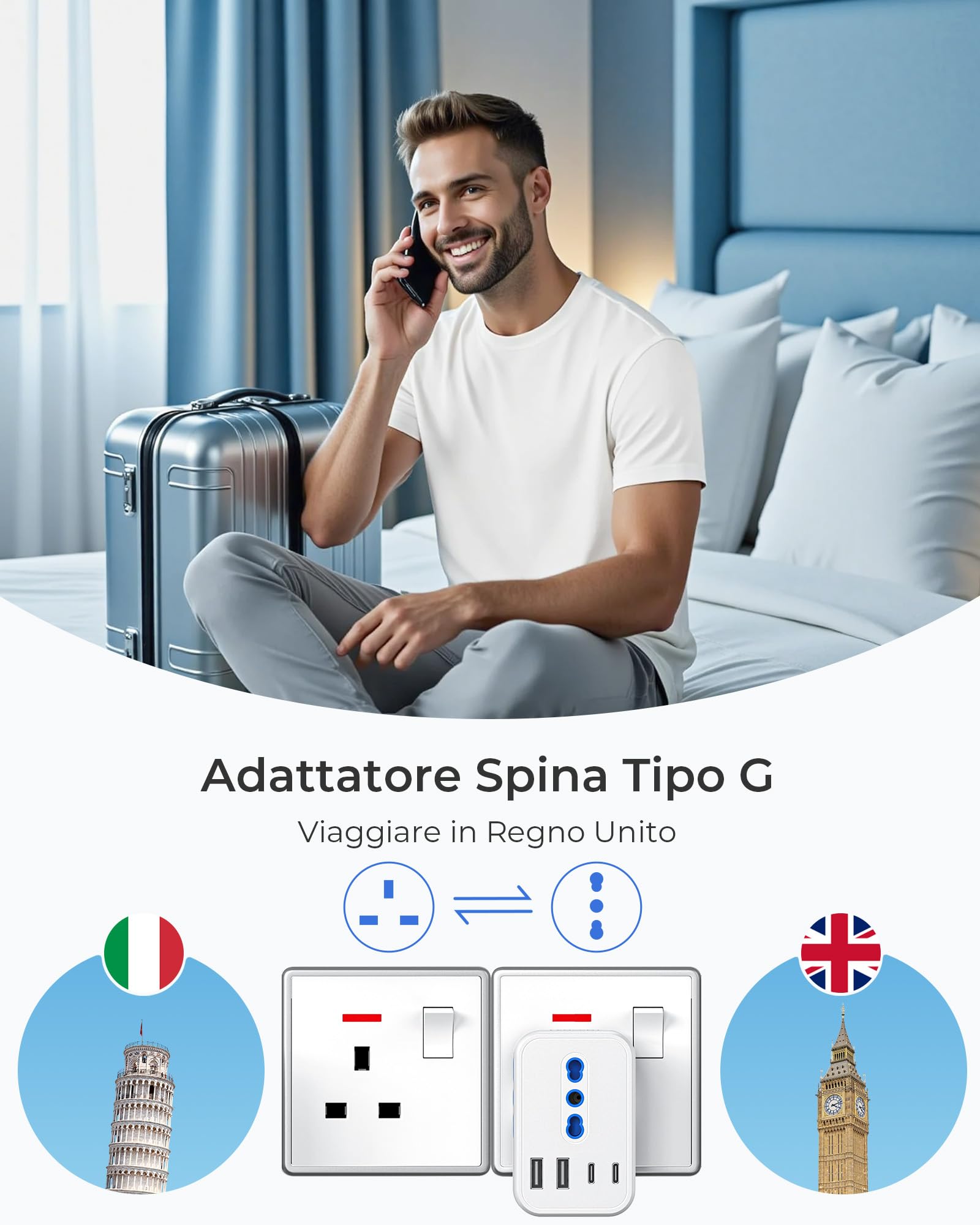 LENCENT Adattatore Presa Inglese da Viaggio, Spina Tipo G con 3 Prese Italiane e 4 Porte USB (USB-C 15W), 7 in 1 Presa UK da Viaggio per Regno Unito, Irlanda, Dubai, Maldive, Malta, Scozia -3250W