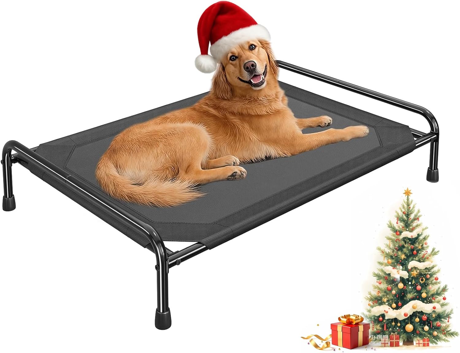 Elevated Dogs Bed for Large Dogs, Dog Beds Large Sized Dog, Portable Cooling Pet Cot with Breathable & Waterproof Mesh, Indoor & Outdoor Raised Pet Hammock Bed, Black