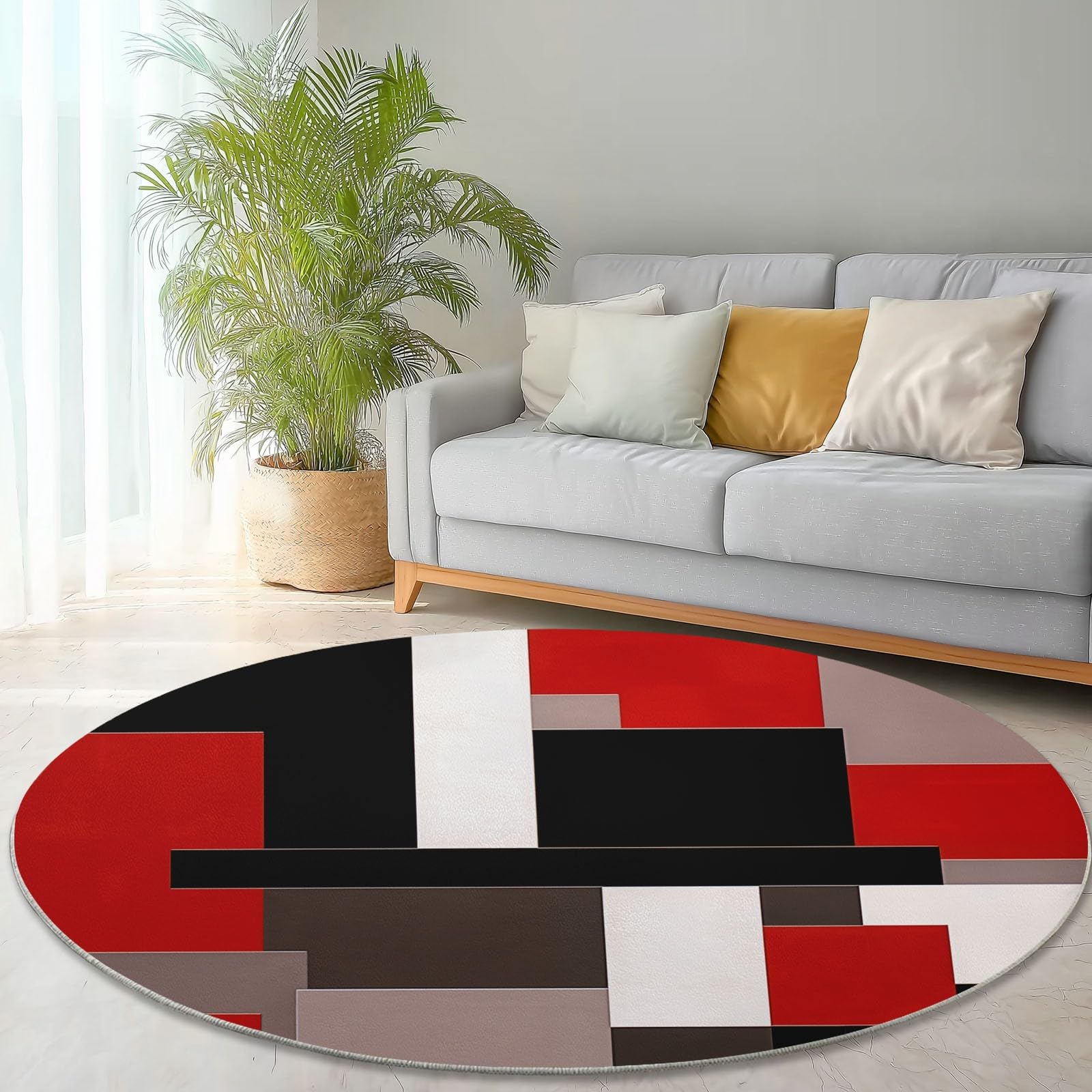 Tapis Rond Motif géométrique Minimaliste Rouge et Noir Tapis de Chambre 120 cm (Round) Adulte Doux Machine pour Salon Antidérapant Imprimé pour Salle à Manger, Chambre d’Enfant Nurserie Rouge Noir
