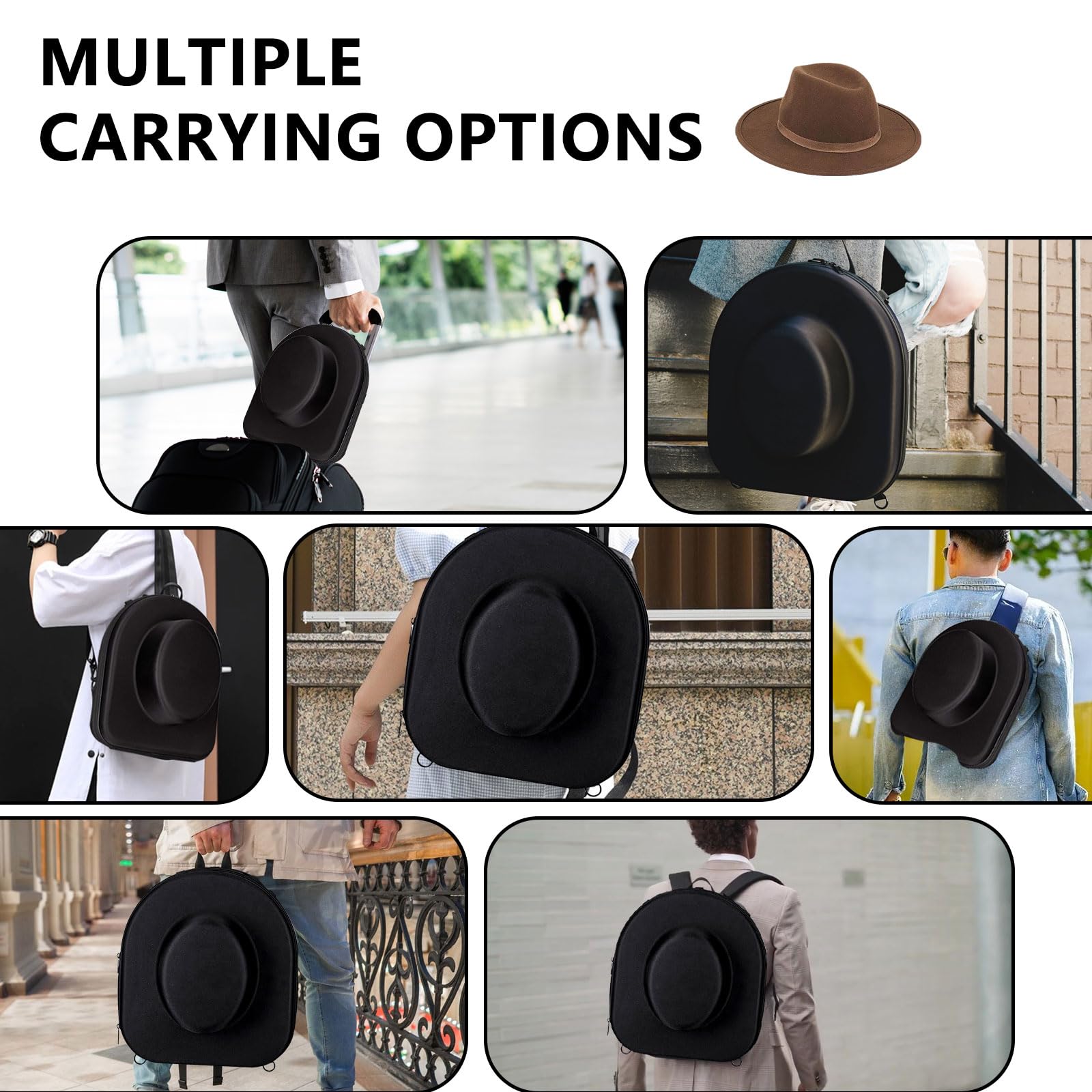 Qivine Étui Rigide pour Chapeaux de Voyage, Étui à Chapeau avec Bandoulière Régable et Poignée de Transport, Sac de Transport pour Casquettes Anti-déformation, pour Domicile et Voyage, Noir