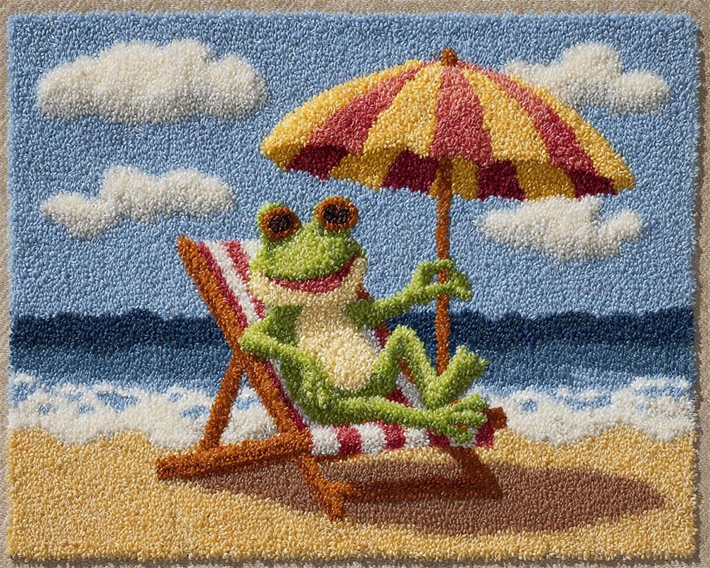 Kitquiver Latch Hook Kits for Adults Rug Frog Sitting On A Beach Chair DIY Crochet Yarn Embroidery Handmade Needlework with Printed Canvas for Home Decoration 23X35In