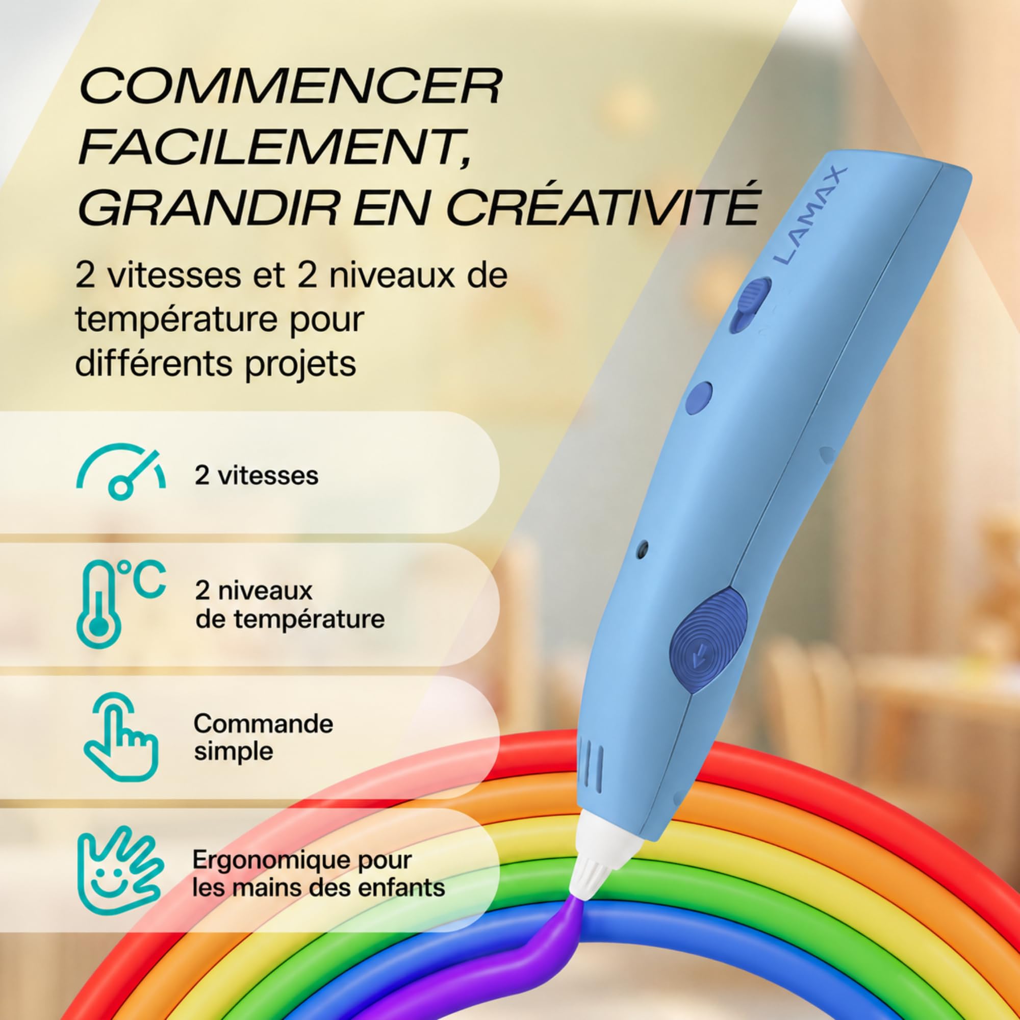 LAMAX ArtKid1 Stylo 3D, stylos 3D pour enfants, recharges hypoallergéniques non toxiques, 2 vitesses, 2 niveaux de température, 12 recharges, diamètre du filament (remplissage) 1,75 mm (bleu)