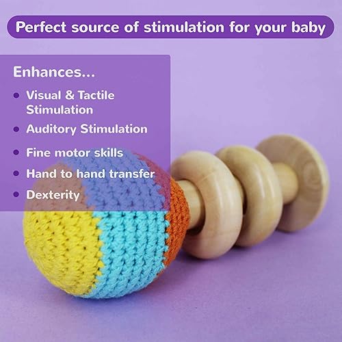 Miniatura 6 de Shumee - Juguete agitador de madera - Juguete de dentición de ganchillo hecho a mano - Estilo Montessori - Edad 6+ meses (colores brillantes)
