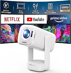 Aurzen D1 air Smart Portable Projector with WiFi and Bluetooth, USB-C Powered, Easy Auto Setup, 16W Dolby Audio, Built-in Official Apps, Native 1080P HDR10, Outdoor Movie Projector 4K Supported, White