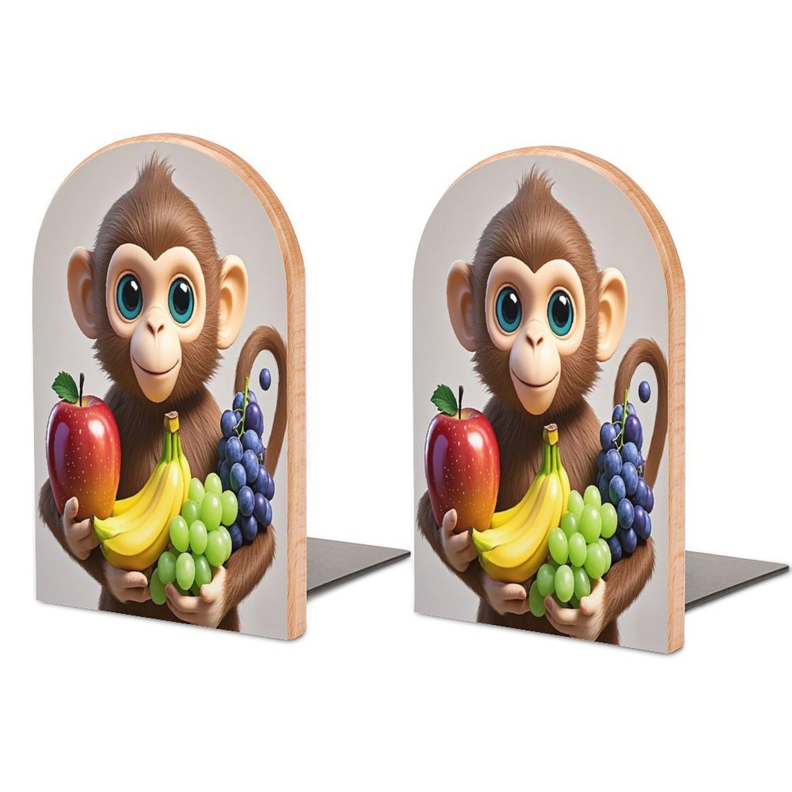 Cartoon Monkey Holding Fruit Bookend for Shelves Wooden Book End Sturdy Book Holders Stoppers with Metal Base for Bookshelves Slick Decorative Bookends Stands