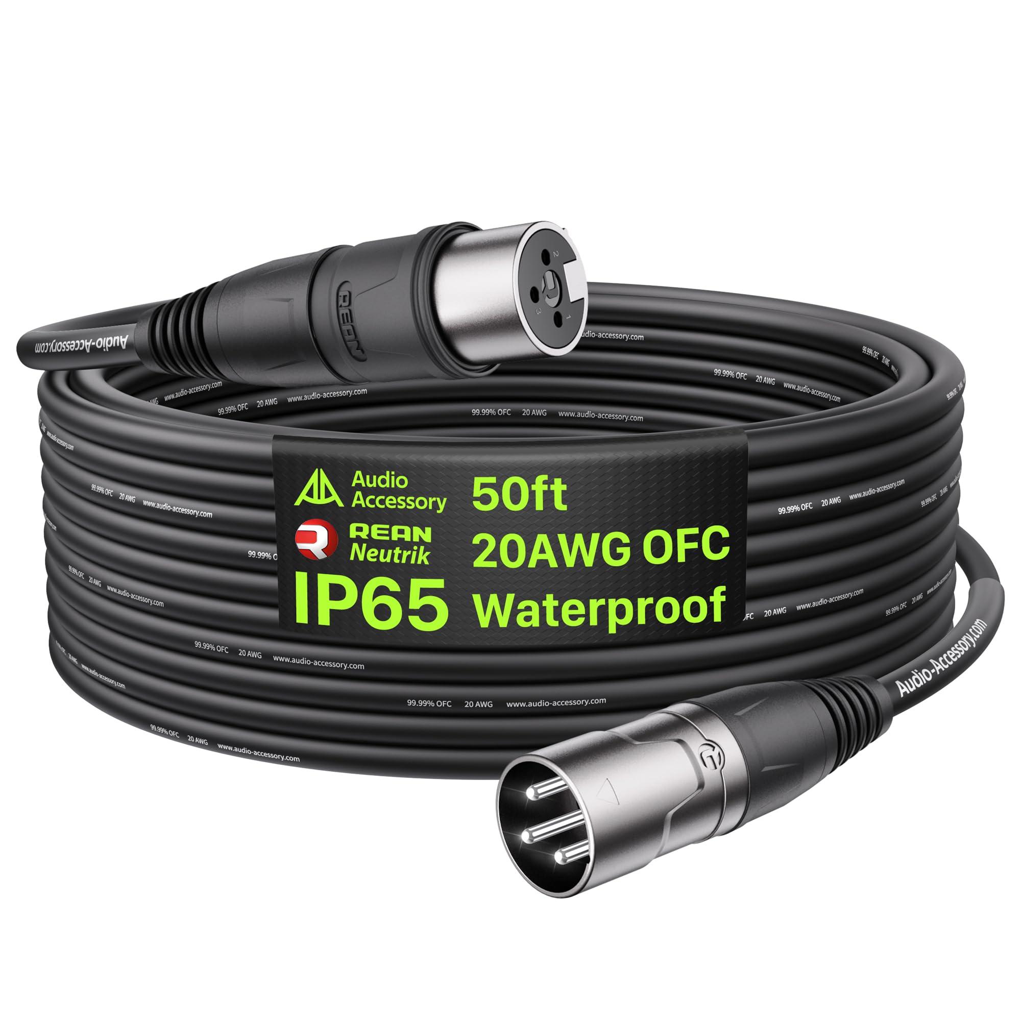 AA AUDIO ACCESSORY Cables XLR impermeables IP65, blindaje de doble capa, conectores Rean de Neutrik, 20AWG OFC, cable XLR equilibrado reforzado con Kevlar macho a hembra para actuaciones en vivo al