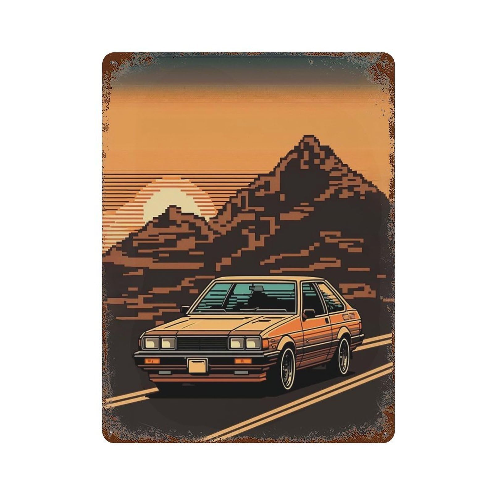 Garage Style Car Ride at Sunset Distressed Metal Wall Sign 15.7"x11.8", Shabby Chic Decor for Bar And Workshop