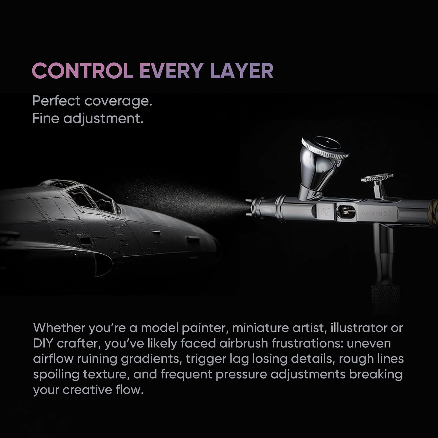 0.2 Airbrush, 0.2mm Precision Nozzle Dual Action Airbrush with 8 Micro Air Channels, 1/2/5ml Mirror Finish Cups for Detail Model Art Painting