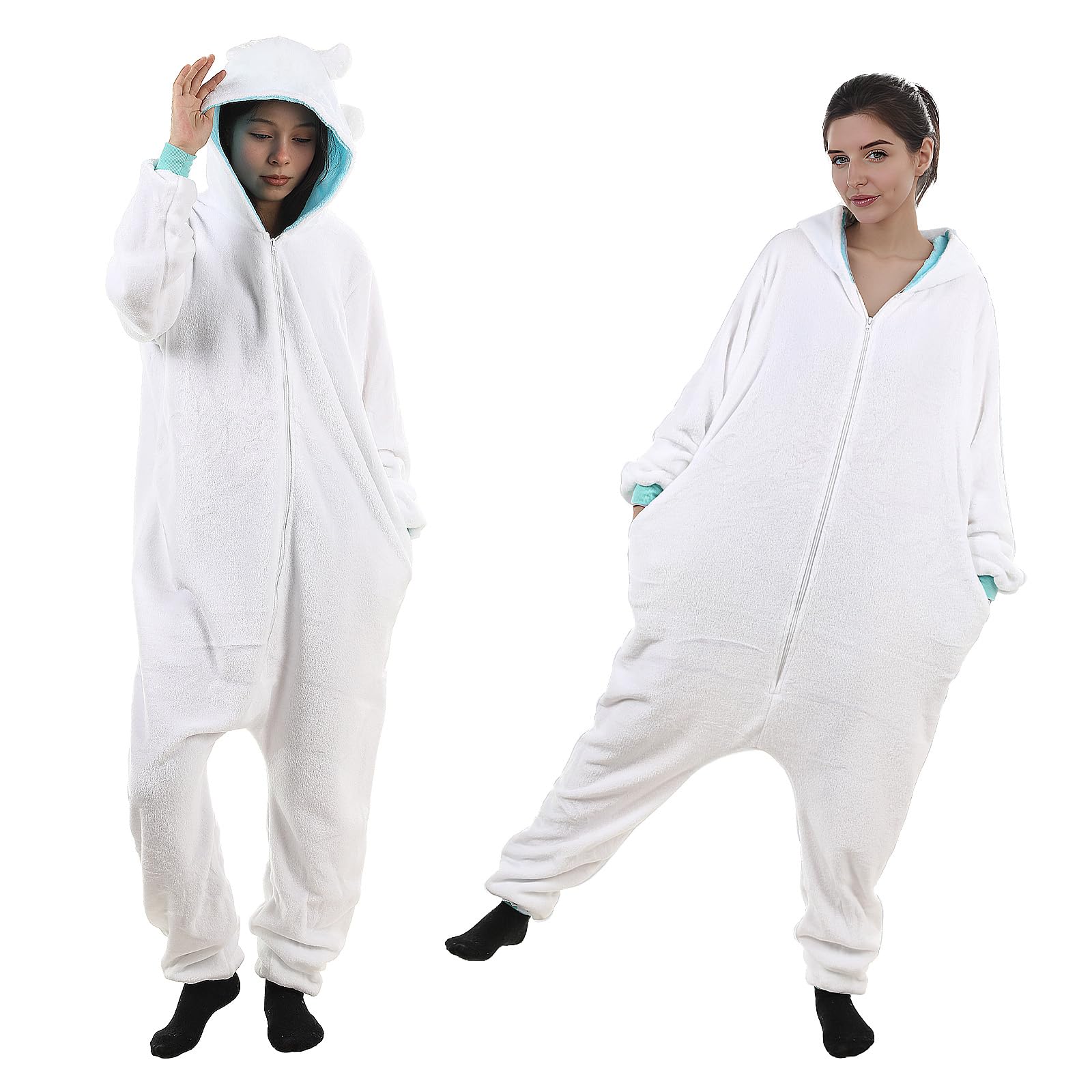 Adult Dragon Onesie Costume, Night Light Fury Pajamas Flannel Hooded Nightwear, Halloween Party Pjs Sleepwear for Men Women (White, X-Large)