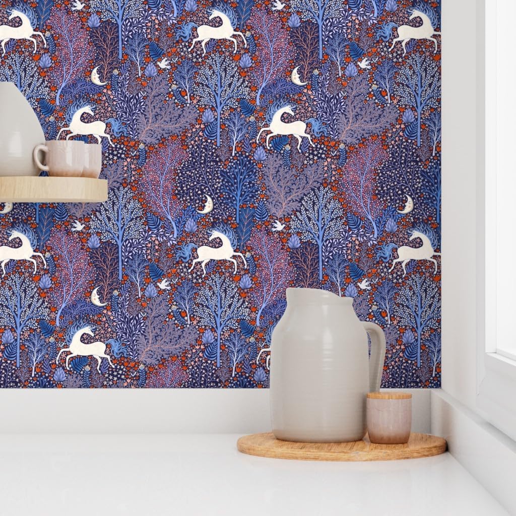 Peel & Stick Wallpaper 6ft x 2ft - Unicorns Forest Flowers Floral Unicorn Horses Scandinavian Folk Custom Removable Wallpaper by Spoonflower
