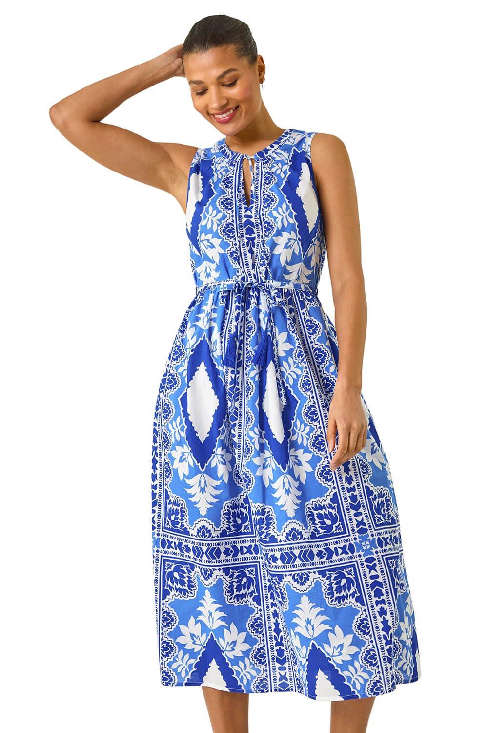 Roman Women's Blue Abstract Halter Midi Dress In | Size: 14