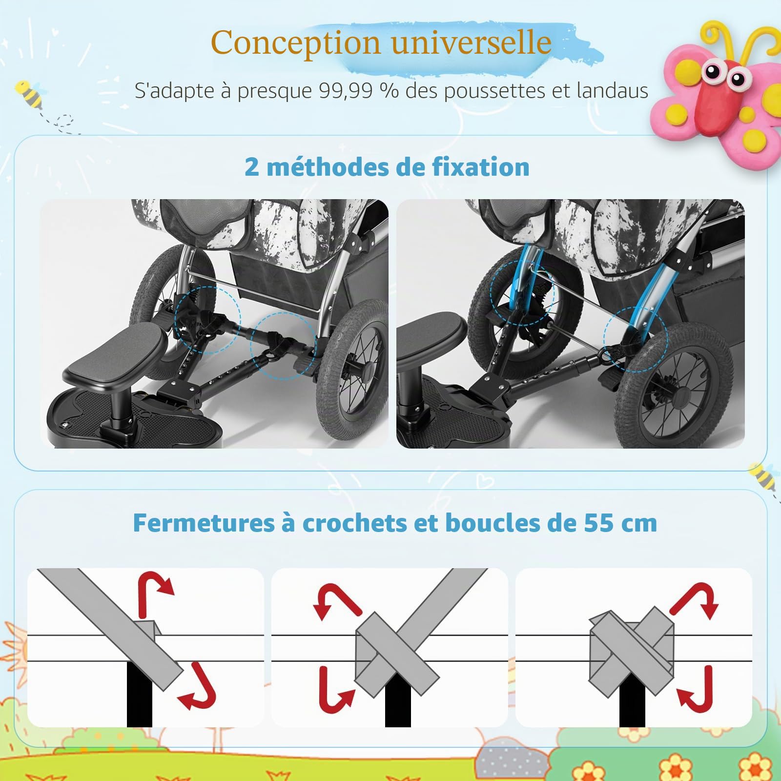 Planche Poussette Universelle,Skate Poussette Universelle, Portable Kiddy Boards,avec Sangle de Suspension,Rotation à 360,Planches à Roulettes pour bébé pour Enfants de 2 à 6 Ans (25kg)