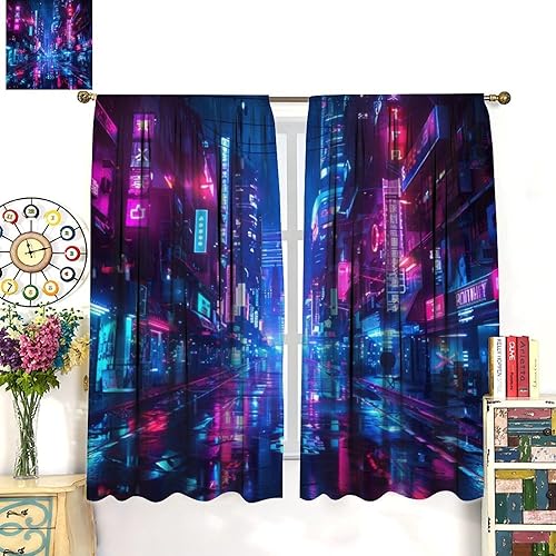 Miniatura 3 de Cyberpunk - Cortinas de paisaje urbano futurista neón, tratamientos de ventana para sala de juegos, ciencia ficción, dormitorio, exposición